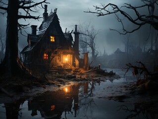 Fototapeta na wymiar Spooky Witch House with Scary Trees and Moonlight. Horror Halloween Background