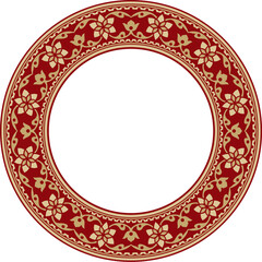 Vector round gold with red Indian national ornament. Ethnic plant circle, border. Frame, flower ring. Poppies and leaves..