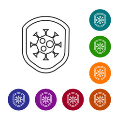 Black line Shield protecting from virus, germs and bacteria icon isolated on white background. Immune system concept. Corona virus 2019-nCoV. Set icons in color circle buttons. Vector.