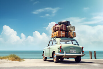 Old vintage car loaded with luggage on the roof arriving on beach with beautiful sea view. Summer travel concept background with copy space