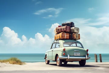 Poster Old vintage car loaded with luggage on the roof arriving on beach with beautiful sea view. Summer travel concept background with copy space © sam