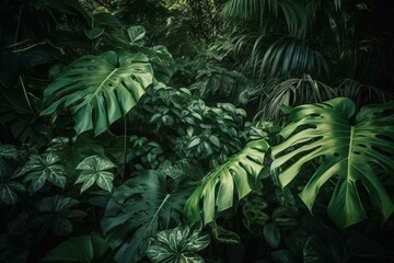 Background of luxuriant green foliage in a jungle. Generative AI