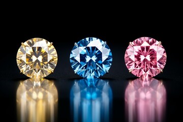Side view of pink, blue, and yellow round cut diamonds isolated on white. Generative AI