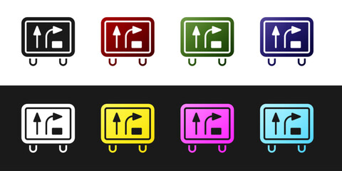 Set Road traffic sign. Signpost icon isolated on black and white background. Pointer symbol. Isolated street information sign. Direction sign. Vector