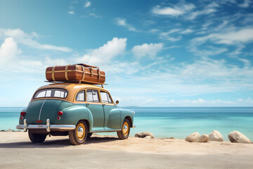 Fototapeta na wymiar Old vintage car loaded with luggage on the roof arriving on beach with beautiful sea view. Summer travel concept background with copy space