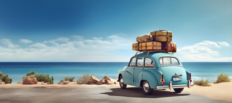 Fototapeta Old vintage car loaded with luggage on the roof arriving on beach with beautiful sea view. Summer travel concept background with copy space