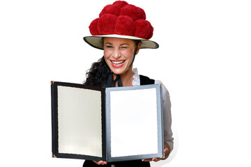 Close up portrait of a waitress who winks mischievously and holding the menu