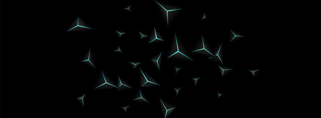 Dark Triangular Background Black Vector. Obsidian Crystal Techno. Polygon Graphic Texture. Blue Neon Modern Illustration.