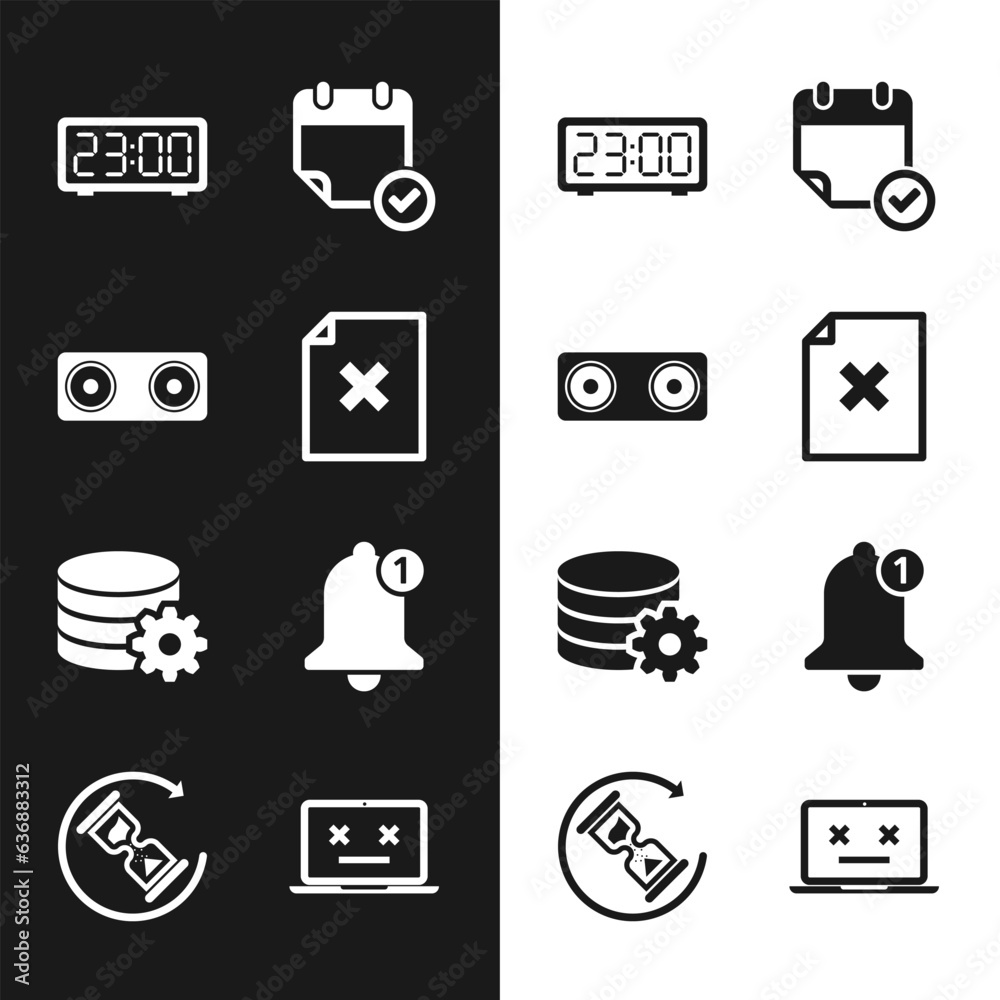 Poster set delete file document, stereo speaker, digital alarm clock, calendar with check mark, setting dat