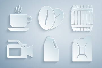 Set Household chemicals bottle, Wooden barrel, Cinema camera, Canister for gasoline, Coffee beans and cup icon. Vector