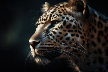 Beautiful leopard with fierce eyes and camouflage fur in the African wilderness. Endangered species conservation concept. Close-up shot by AI Generative.