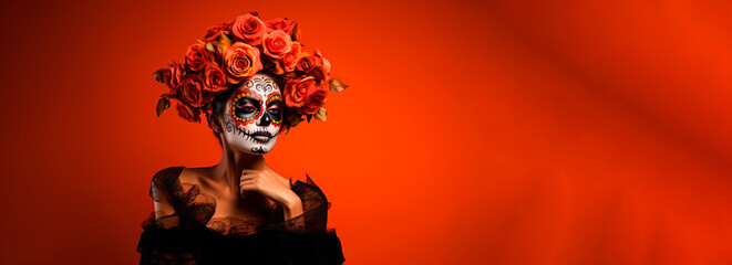 Day of the Dead concept. A woman with skull makeup and flowers. Free space for text. Generative AI.