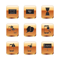 Set Mail and e-mail, Mobile with exclamation mark, service, Speech bubble Exclamation, Chat messages mobile, Hourglass, Information and No Internet connection icon. Vector