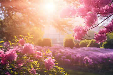 Summer flower park, pink with morning sunlight, idyllic spring background with blooming bushes