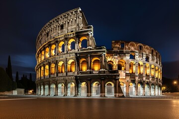 The iconic Colosseum in Rome illuminated during twilight. Generative AI