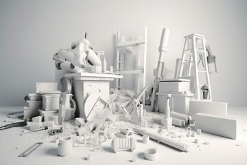 A stunning 3D depiction of building tools on a softly focused white backdrop. Generative AI