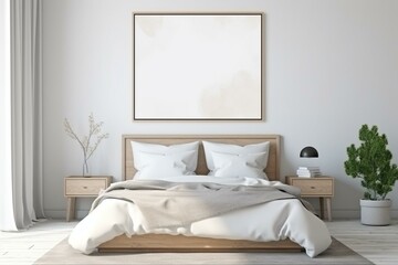 White wall in modern bedroom with an empty picture frame. Contemporary style mock-up interior. Generative AI