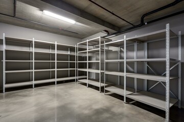 Indoor storage area with shelves, boxes, and concrete floor. Generative AI