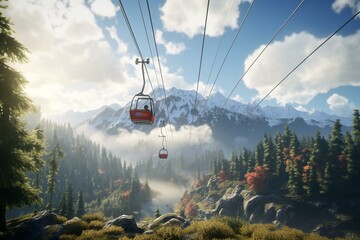 Immerse in scenic journey across breathtaking mountain range with cable car. Unreal Engine 5 captures cinematic bokeh and color grading effects. Generative AI