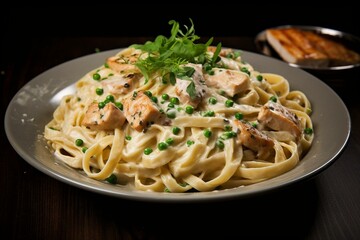 Creamy pasta dish with tender chicken and fettuccine noodles in rich Alfredo sauce. Generative AI
