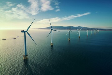 Aerial view of wind farm with ocean turbines in the sea. Generative AI