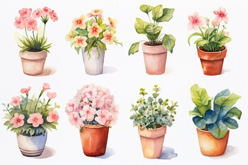 watercolor flower pots. Generative AI