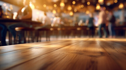 an empty tabletop podium in a restaurant with a blurred background with a copy of the evening bar space.