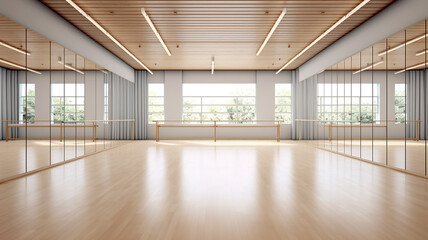 panoramic empty gym with windows for ballet classes.