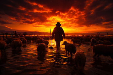 A man standing in water surrounded by a flock of sheep