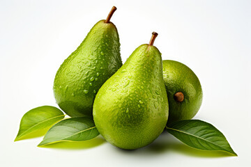 Three ripe pears with fresh green leaves on a clean white background