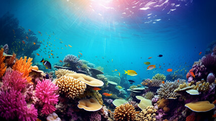 Naklejka na ściany i meble Underwater coral reef landscape Ocean Beautiful Fish Design Modern Unique Colorful. AI Generative.