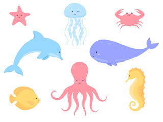 Set of cartoon sea animals. Whale, dolphin, jellyfish, crab, fish, octopus, seahorse, starfish. Vector illustration.	