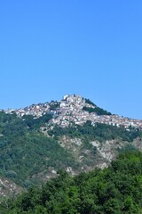 Panoramic view of a typical Abruzzo landscape, a mountainous region full of vegetation and small villages, Italy.