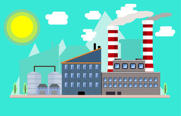 Obraz premium Vector factory flat illustration with industrial buildings in brown and blue colors at city skyscrapers green silhouettes 