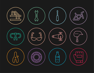 Set line Gloves, Bicycle helmet, Screwdriver, Sport cycling sunglasses, handlebar, parking, chain with gear and Wrench spanner icon. Vector