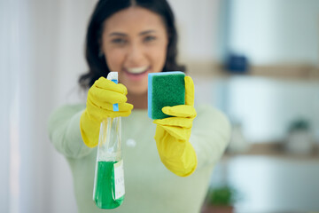 Cleaning, spray and hands of woman with sponge for disinfection, hygiene and housekeeping....