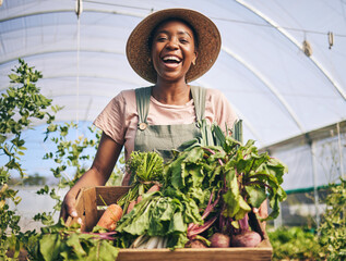 Smile, greenhouse and portrait of black woman on farm with sustainable business, nature and plants....