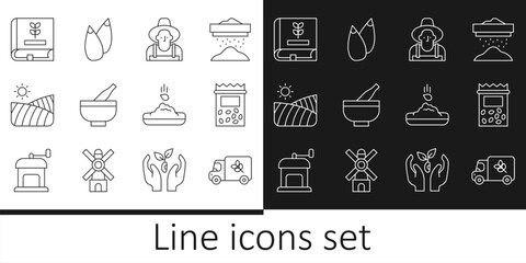 Set line Flour truck, Pack full of seeds of plant, Farmer in the hat, Mortar and pestle, Agriculture wheat field, Book about, Seed and icon. Vector