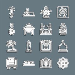 Set line Octagonal star, Muslim Mosque, Bottle of water, Islamic teapot, Table food, Lute, Arabian saber and icon. Vector