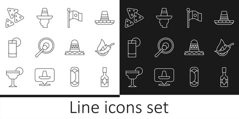 Set line Tabasco sauce, Hot chili pepper pod, Mexico flag, Gong, Tequila glass with lemon, Nachos, Mexican sombrero and man icon. Vector