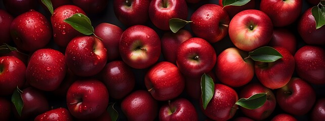 Red apples with leaves, closeup with top view, Red apple patterns, Top view of bright ripe fragrant red apples with water drops as background © ImaginaryInspiration