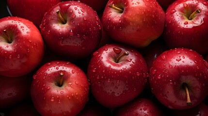 Red apples with leaves, closeup with top view, Red apple patterns, Top view of bright ripe fragrant red apples with water drops as background