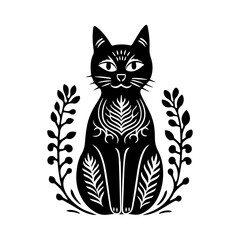 Hand carved block print cat in linocut style, textured silhouette childish vector illustration, isolated on white.