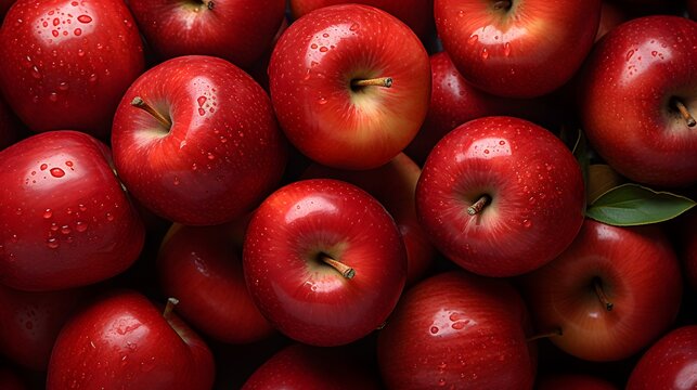 Red apples with leaves, closeup with top view, Red apple patterns, Top view of bright ripe fragrant red apples with water drops as background