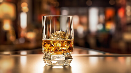 a glass of scotch whiskey on the bar, alcohol club nightlife countertop.