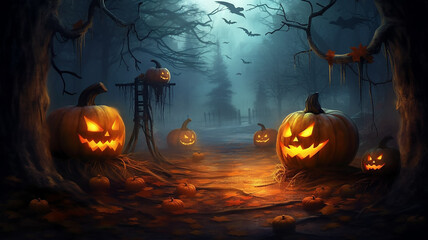 halloween background mysterious forest with pumpkins burning eyes.