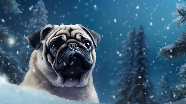 pug winter greeting card.