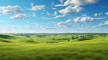 Fototapeta premium Lush Green Field Under a Blue Cloudy Sky. Generative Ai