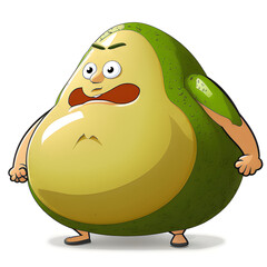 Cute cartoon fat avocado face, with arms and legs. Fat funny avocado character. Avocado fruit in cartoon style with a fat belly. AI generated. Obesity concept, unhealthy lifestyle