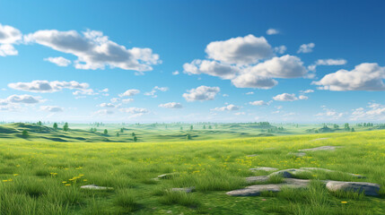 Obraz premium Lush Green Field Under a Blue Cloudy Sky. Generative Ai
